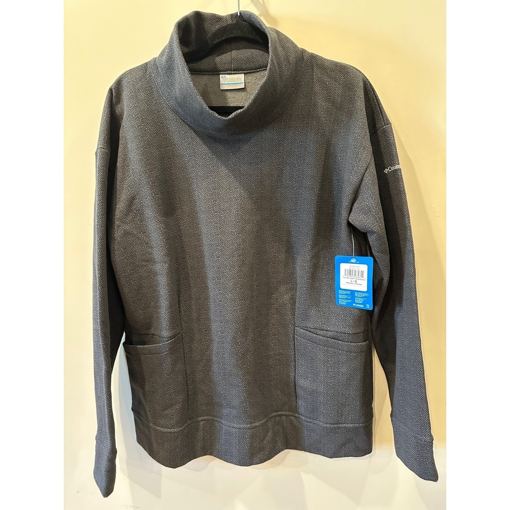 Columbia NWT Lodge Funnel Pullover Black Herringbone Sz L Sweatshirt Fleece Line